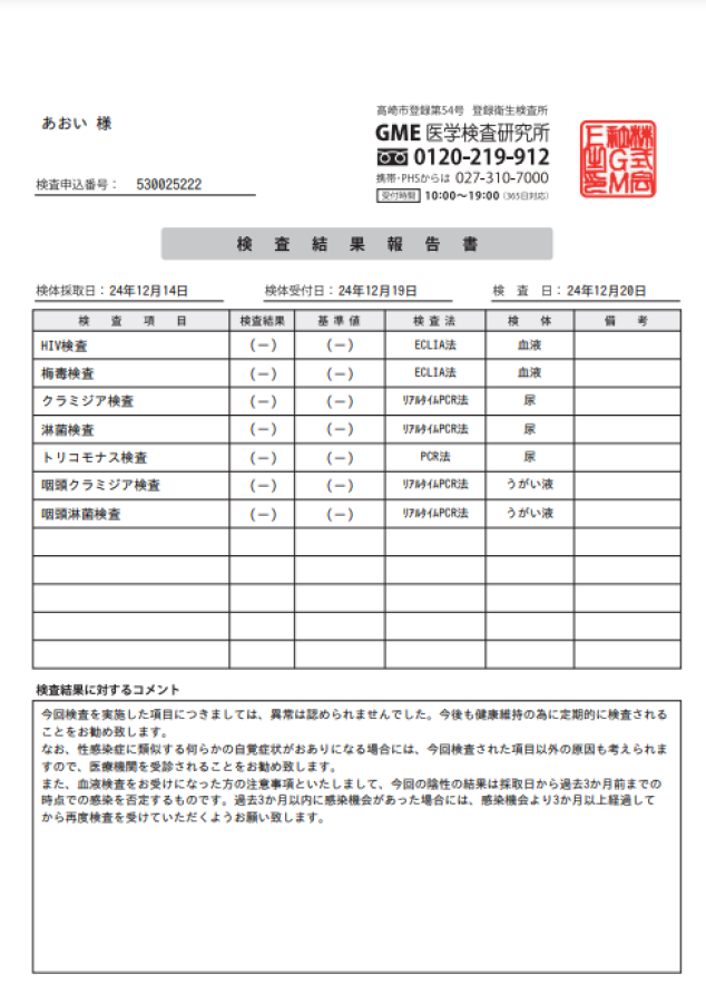 あおいの性病検査証明書